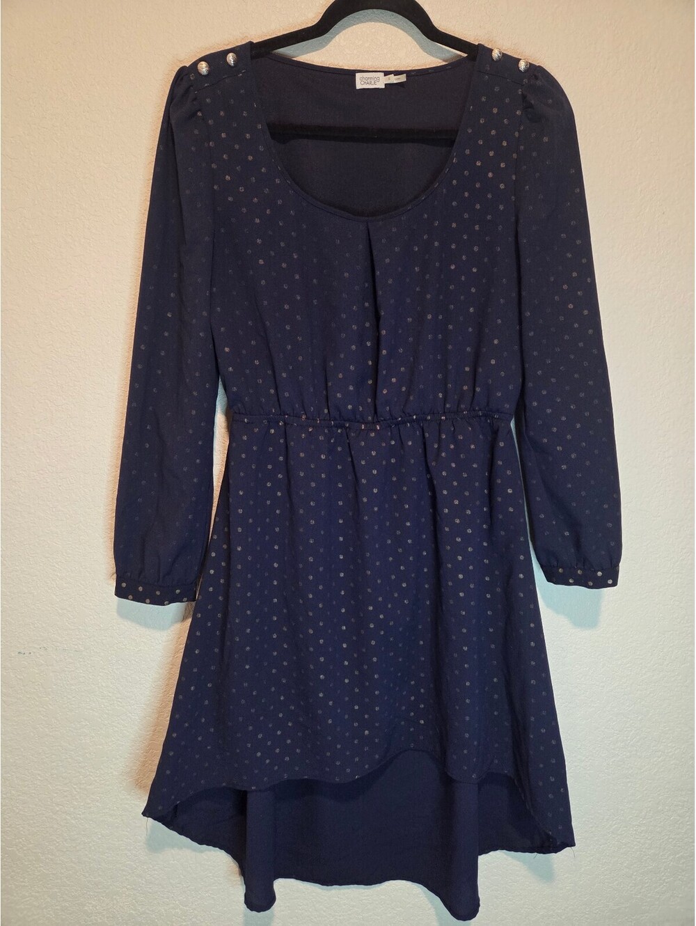 Navy Blue Long Sleeve Dress with Gold Polka Dots and Button Details, S